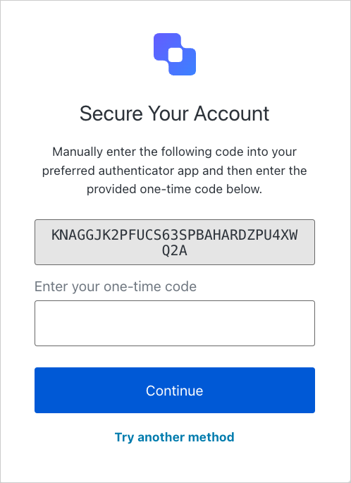 The temporary one-time password enrollment screen as displayed on a mobile device.