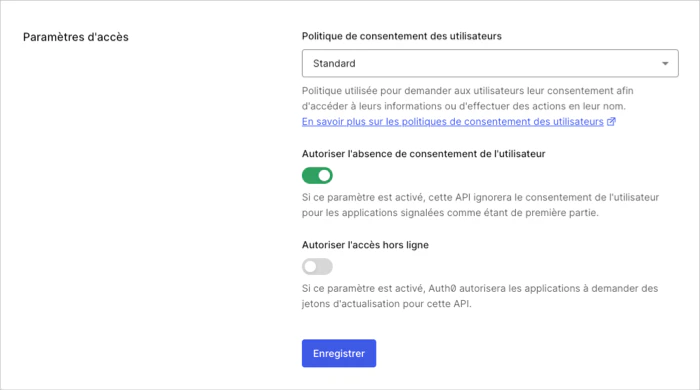 Dashboard (Tableau de bord) - Applications - API - Settings Tab (Onglet paramètres) - Access Settings (Paramètres d’accès)