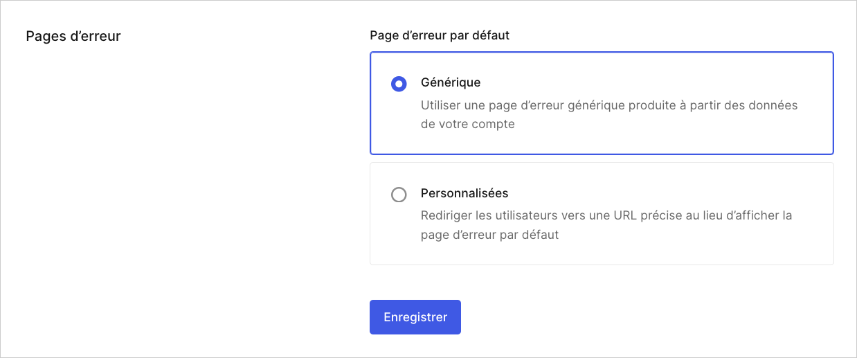 Dashboard Paramètres de locataire Général Pages d’erreur