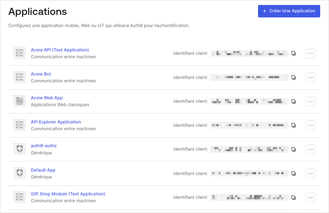 Tableau de bord - Liste des applications