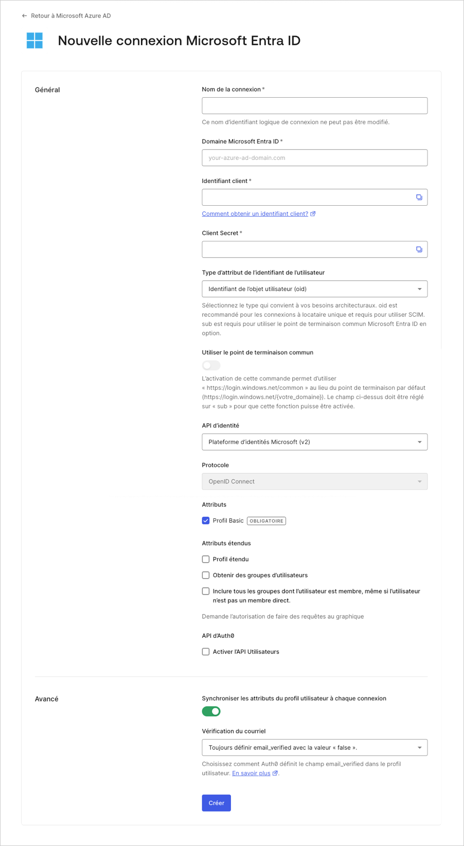 Créer une nouvelle connexion Entra ID