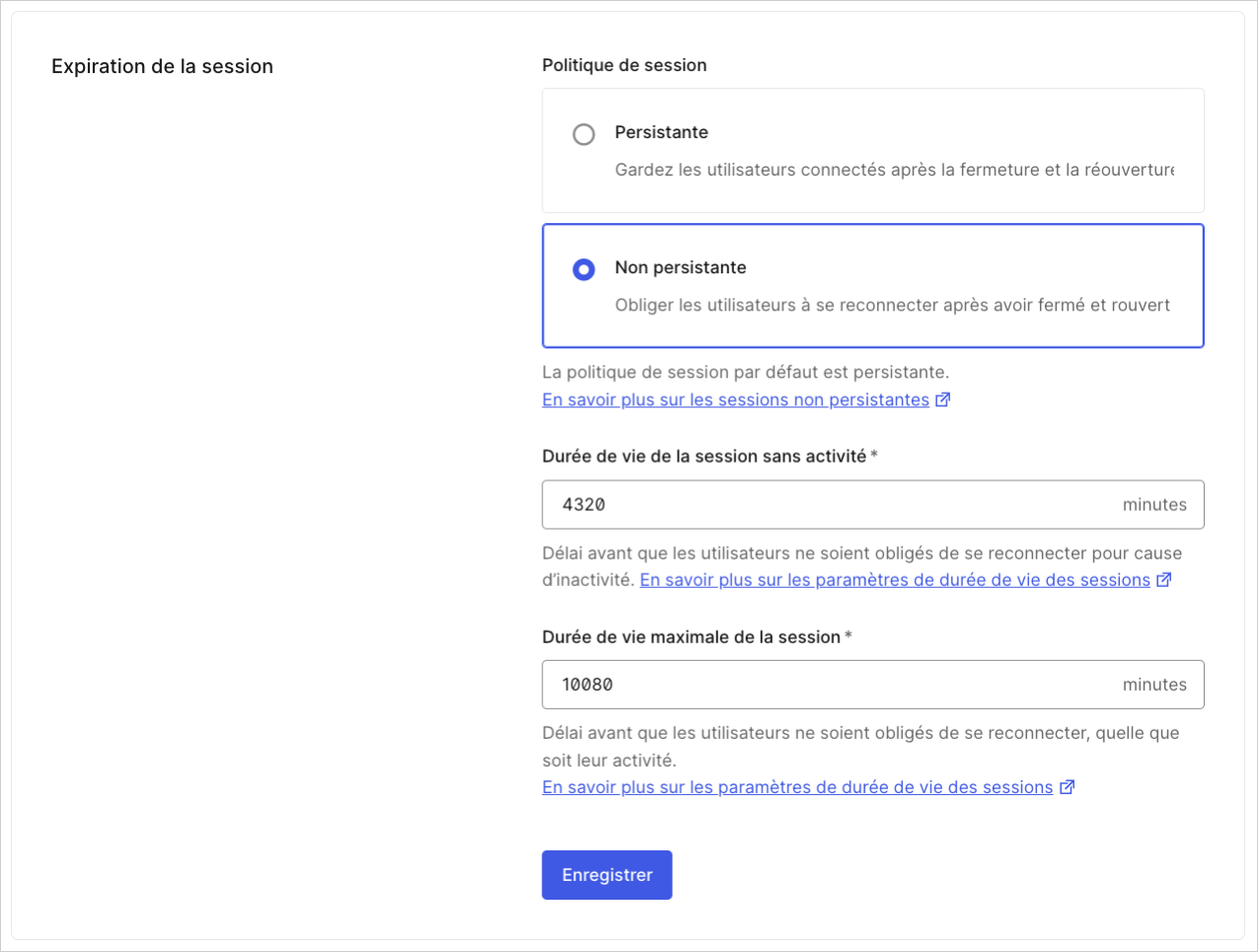 Dashboard (Tableau de bord) Tenant Settings (Paramètres de locataire) Advanced (Avancés) Login Session Management (Gestion de session de connexion)
