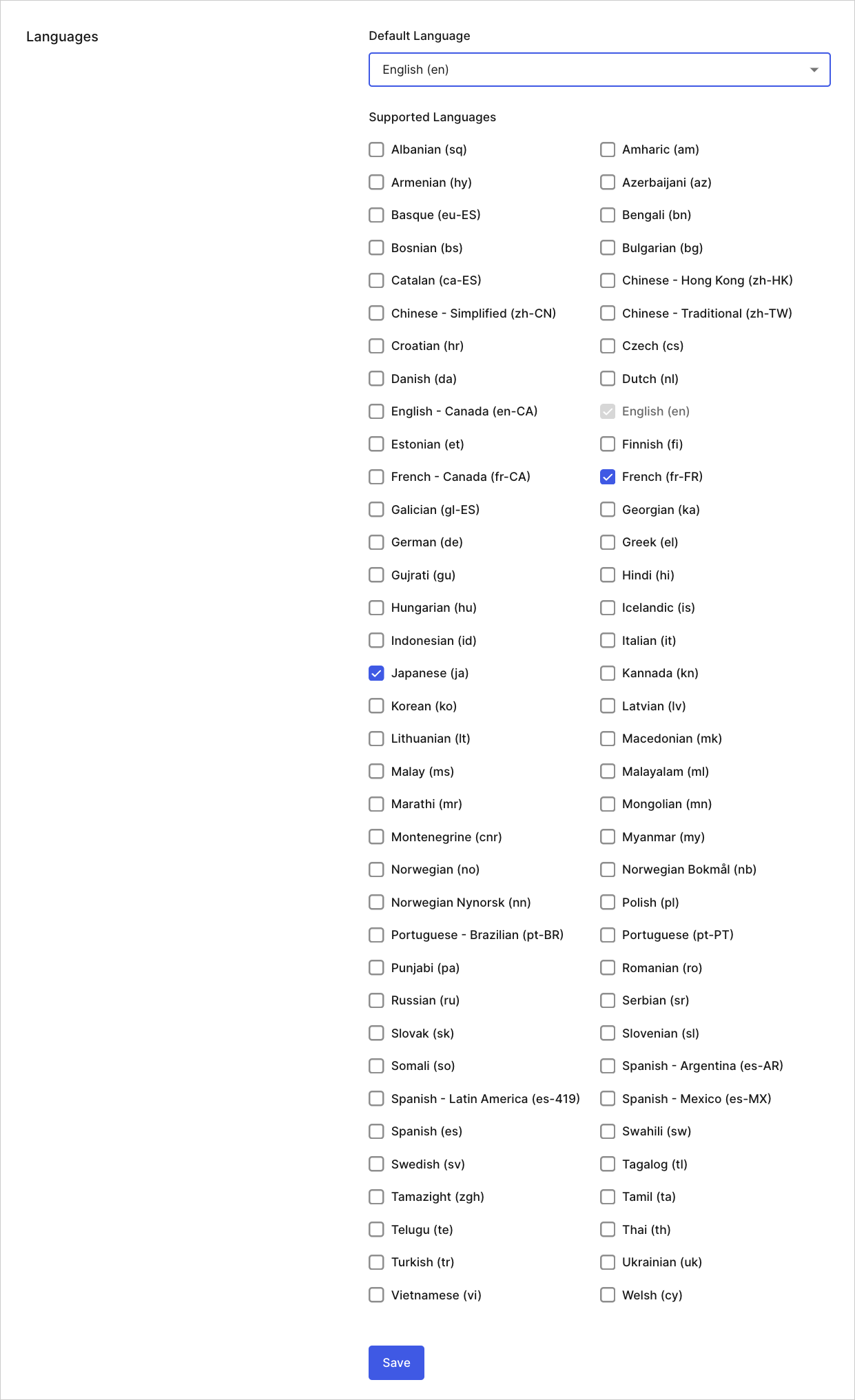 Dashboard Tenant Settings General Tab Languages