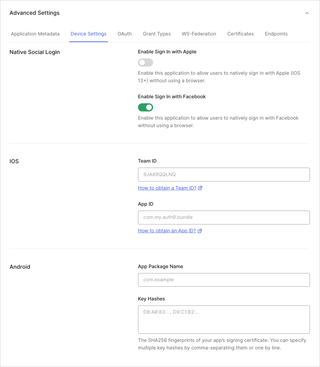 Application Client Settings: Advanced Device Settings