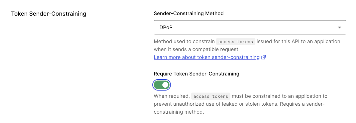 Auth0 Dashboard > APIs > Settings > Token binding