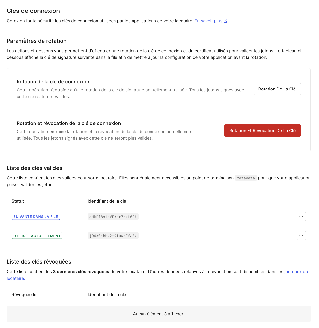 Tableau de bord Paramètres de locataire Onglet Clés d’authentification