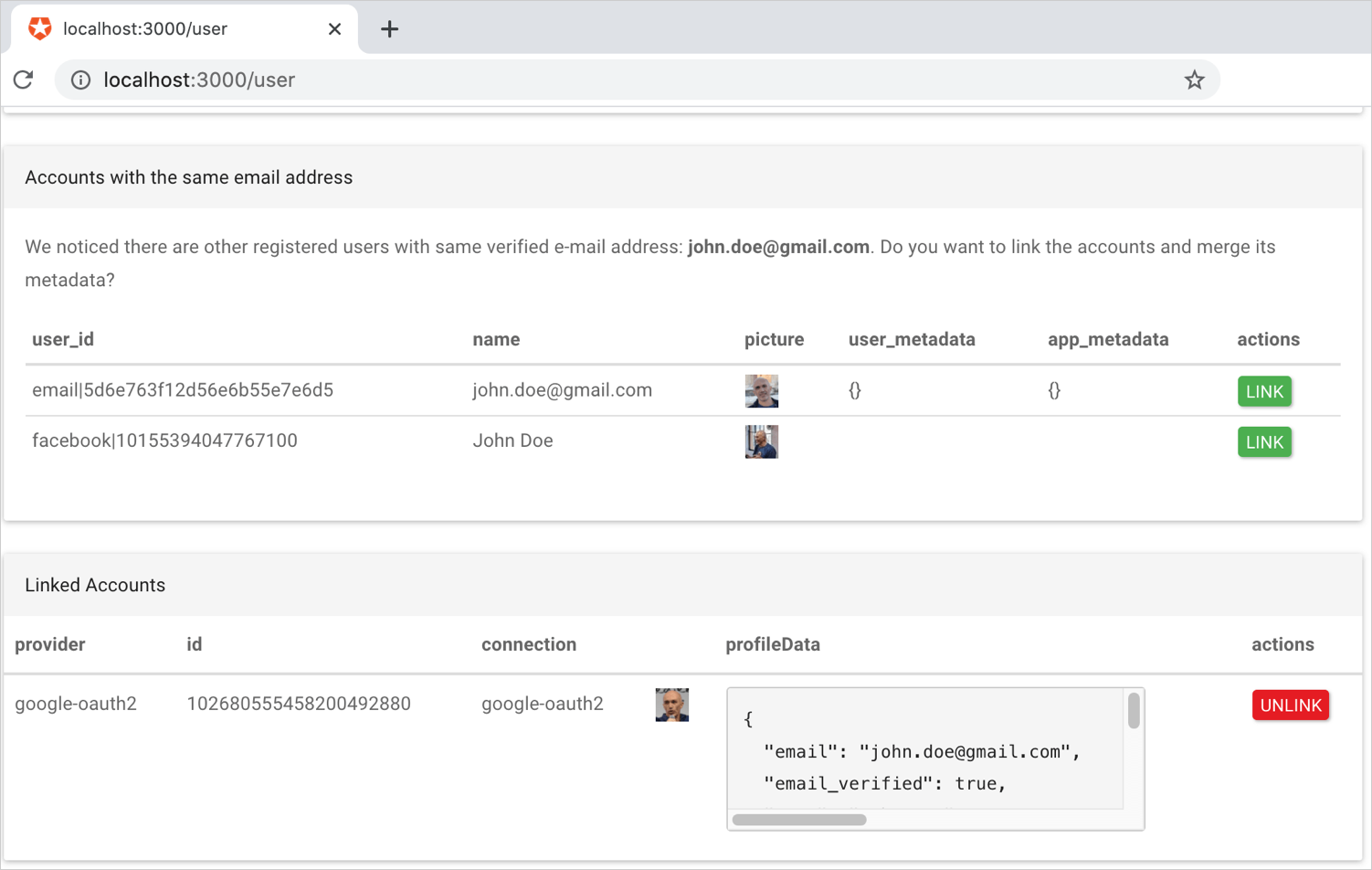Example application with server-side account linking page