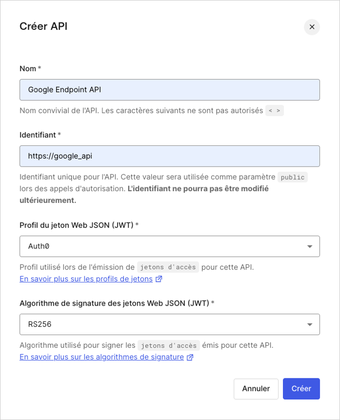 Dashboard – Créer API – Intégrations – Points finaux Google