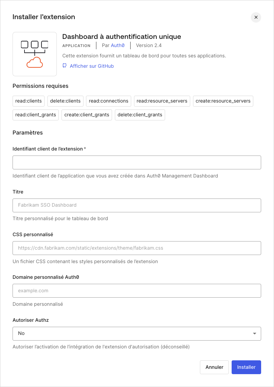 Dashboard – Extensions – SSO tableau de bord – Installer extension