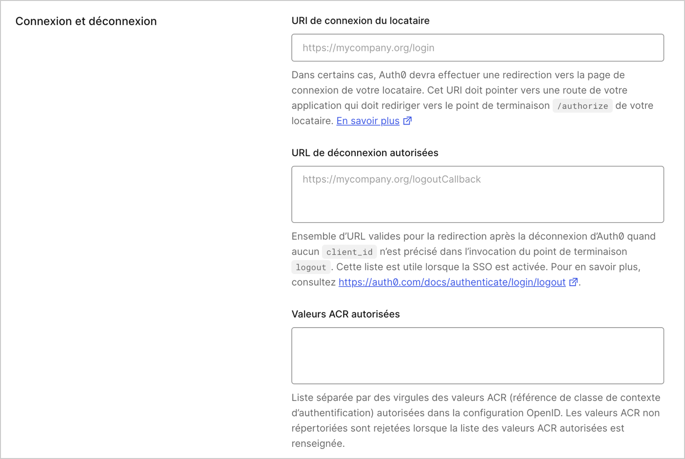 Auth0 Dashboard (Tableau de bord Auth0) Paramètres Avancé Onglet Connexion et Déconnexion