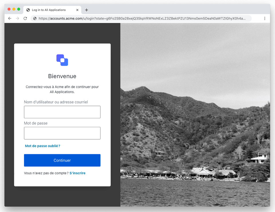 Boîte Universal Login (Connexion universelle) et exemple de présentation d’adresse électronique/mot de passe et pieds de page