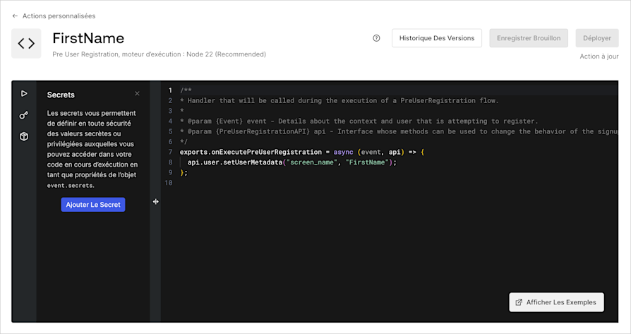 Capture d’écran du module de tests à l’intérieur du Action Code Editor (Éditeur de code d’Actions)