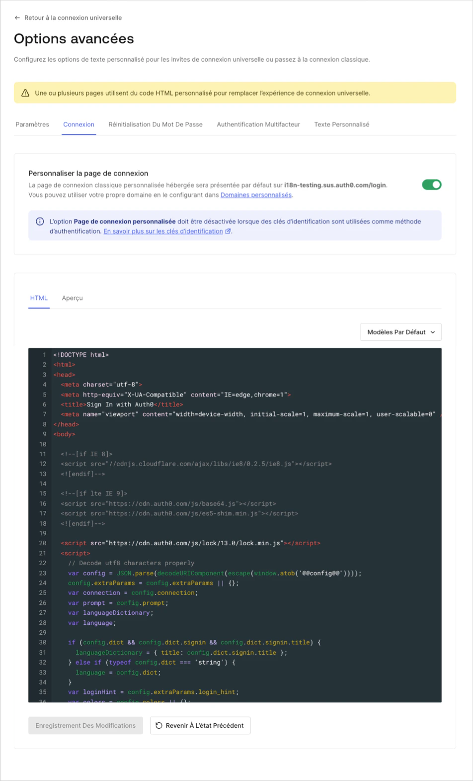 Dashboard - Marquage - Connexion universelle - Paramètre de connexion - Exemple de code de page hébergée avec lien de compte