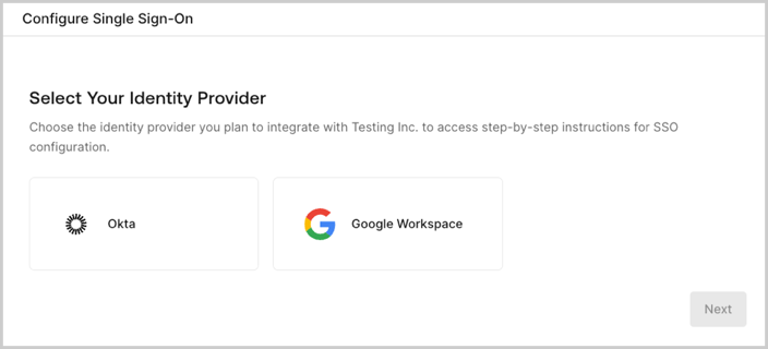The first step of the self-service assistant that customer admins use to configure SSO.
