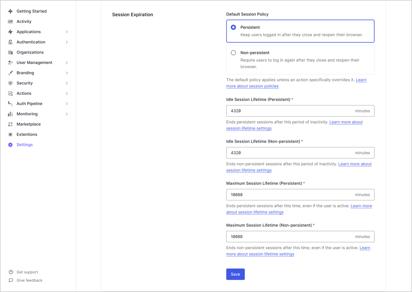 Dashboard > Tenant > Settings > Advanced > Session Expiration
