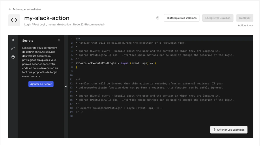 Actions Code Editor (Éditeur de code d’actions)
