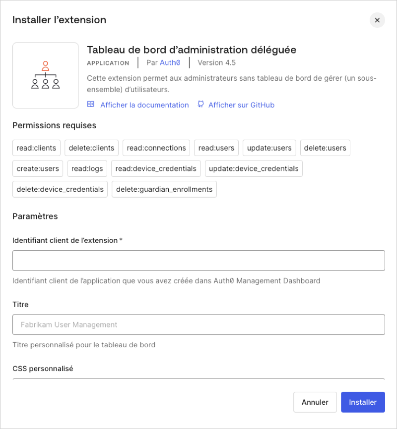 Dashboard (Tableau de bord) - Extensions - Delegated Admin (Administrateur délégué) - Installation