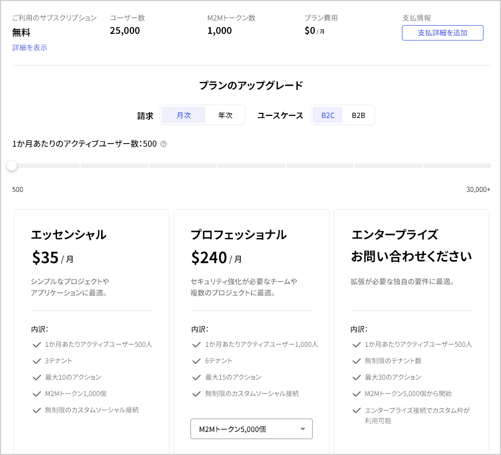 Auth0テナント設定 サブスクリプションタブ
