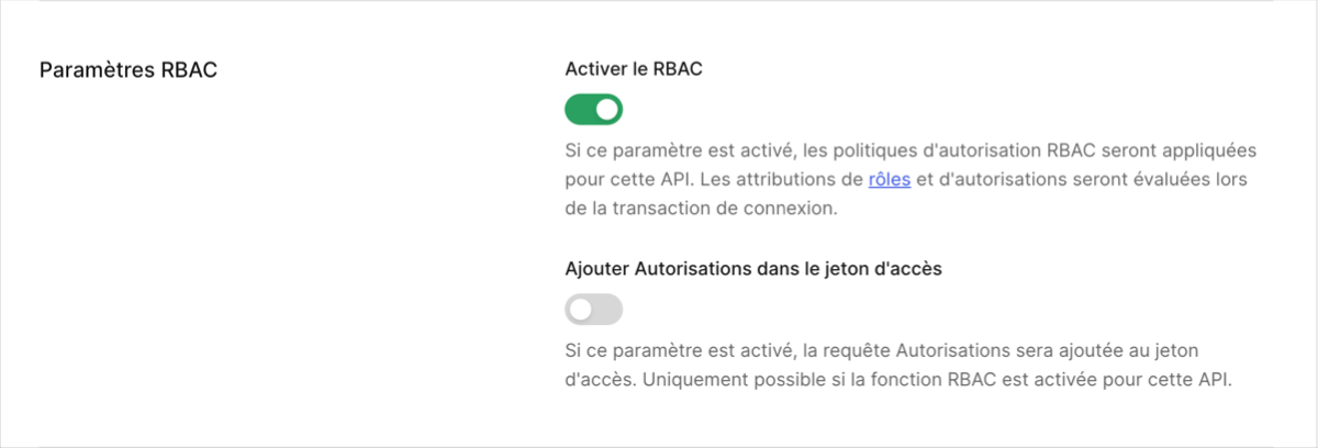 Auth0 Dashboard (Tableau de bord Auth0) - API - Settings (Paramètres) - RBAC toggle (Bouton à bascule RBAC)