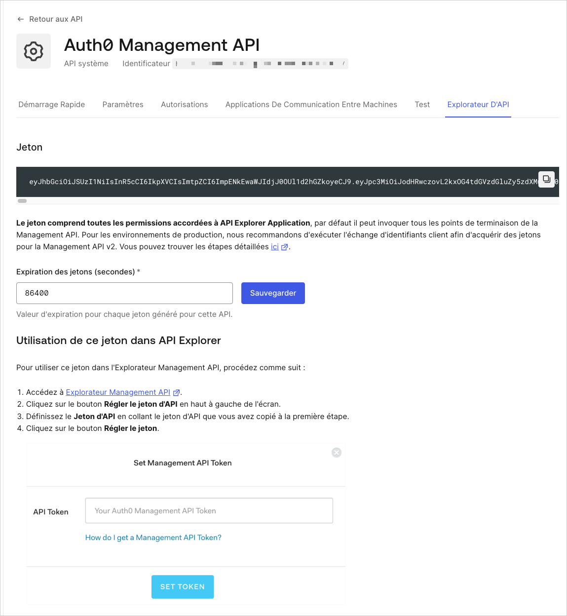 Dashboard - Applications - API - Auth0 Management API - Explorer Tab (Onglet Explorateur) - Authorize and Test (Autoriser et tester)
