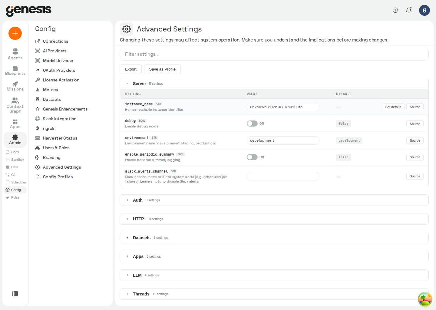 Actual Genesis Advanced Settings page showing searchable config sections and editable setting rows.