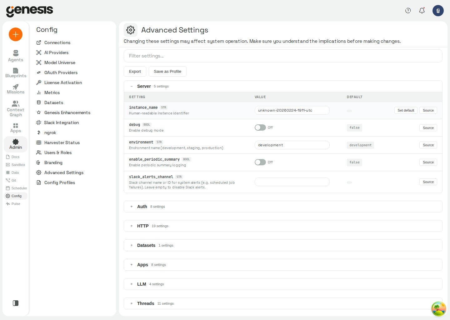 Actual Genesis Advanced Settings page showing searchable config sections and editable setting rows.