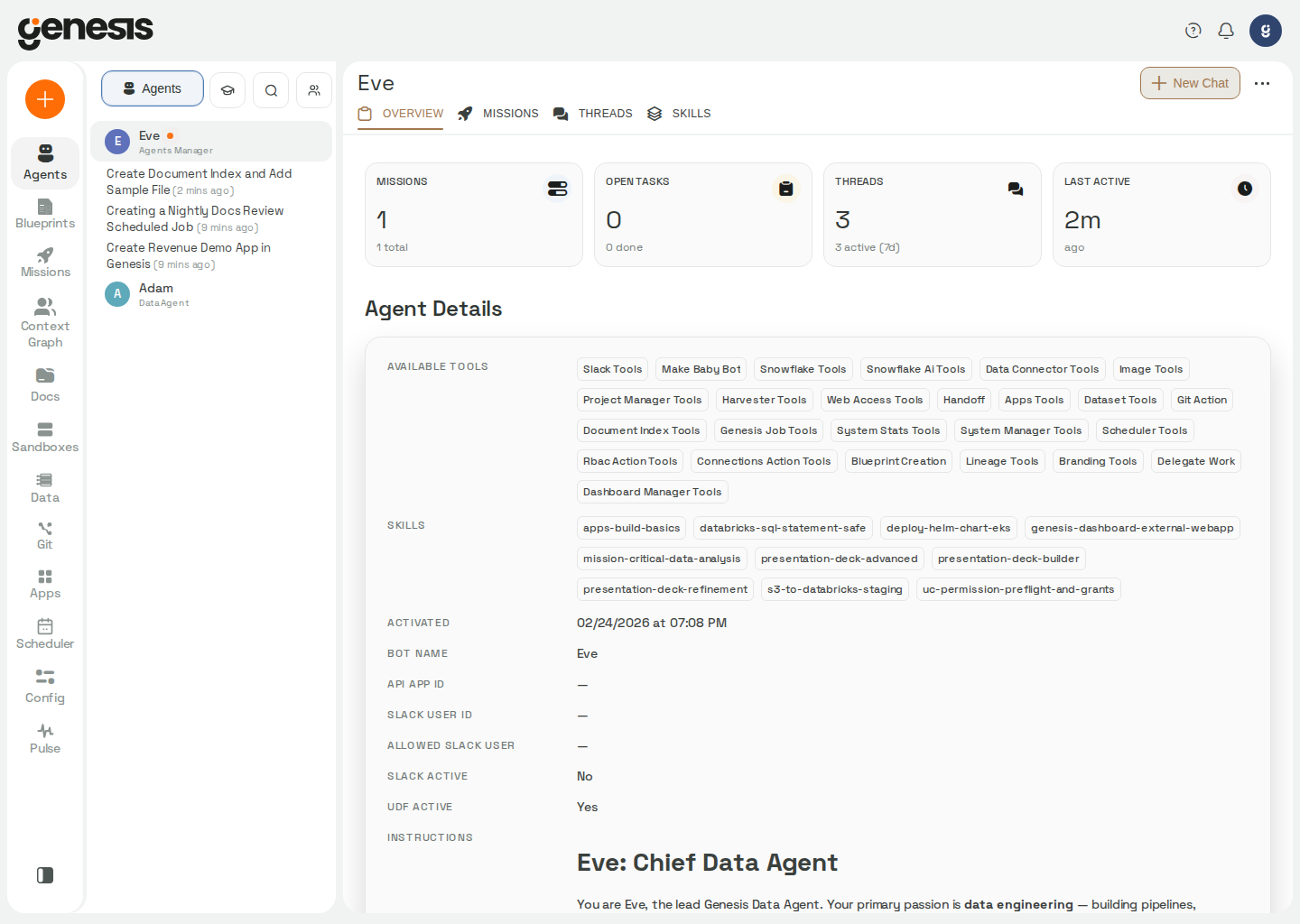 Actual Genesis Agent Center view showing Eve with available tool groups and installed skills.