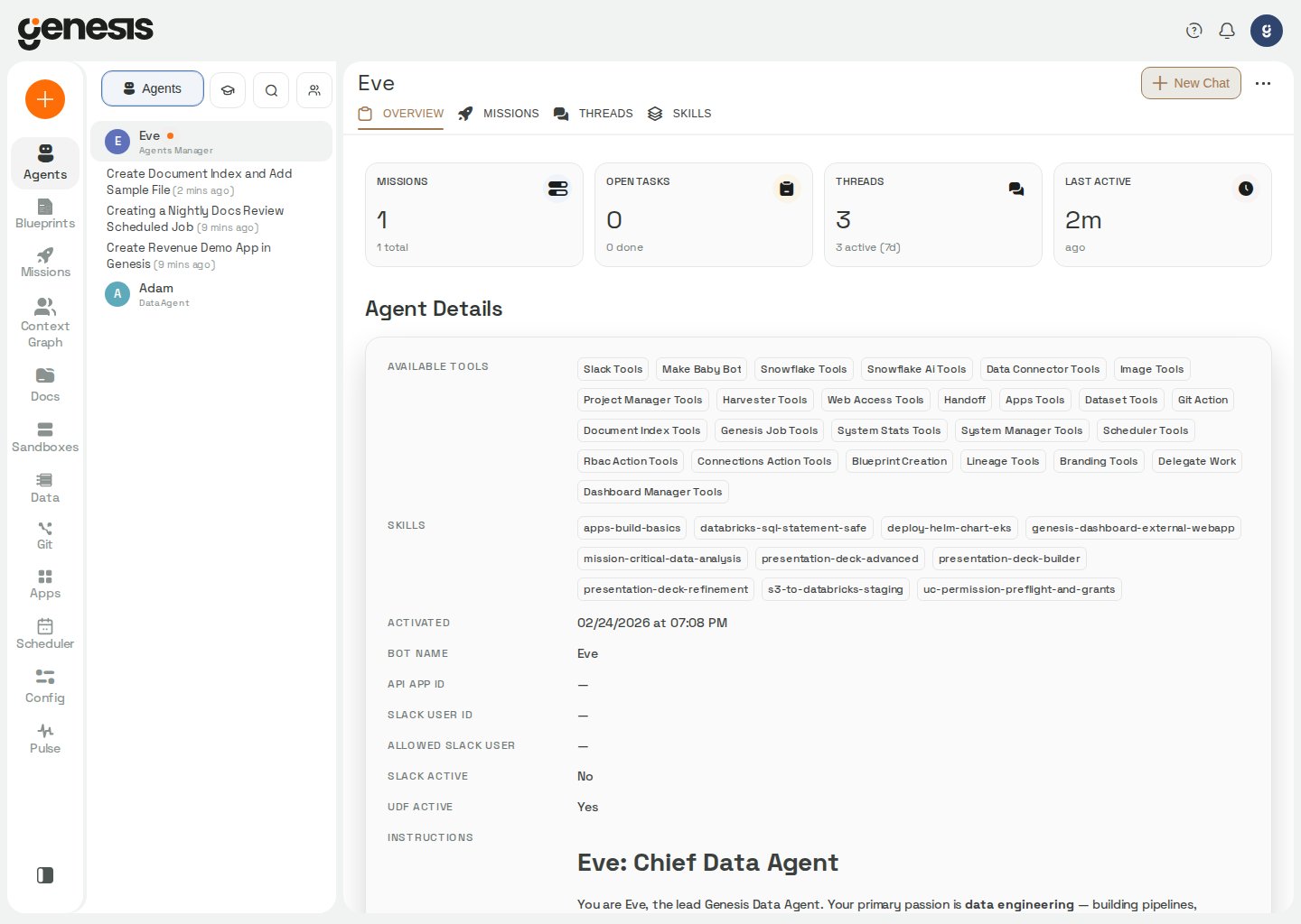 Actual Genesis Agent Center view showing Eve with available tool groups and installed skills.