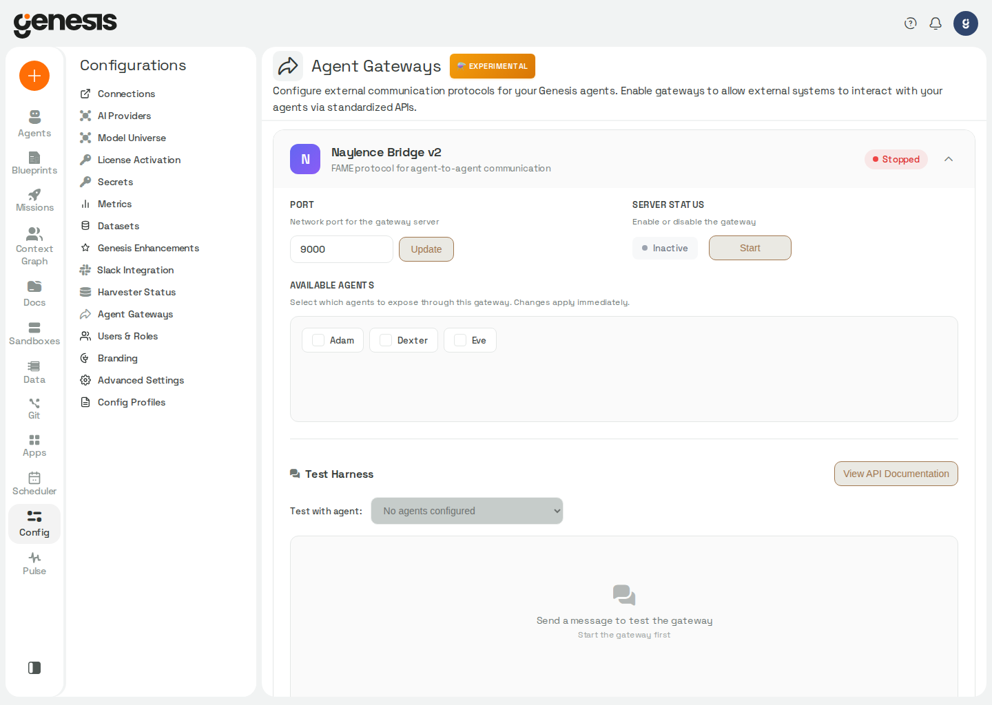 Actual Genesis Agent Gateways page from an instance with the feature enabled.
