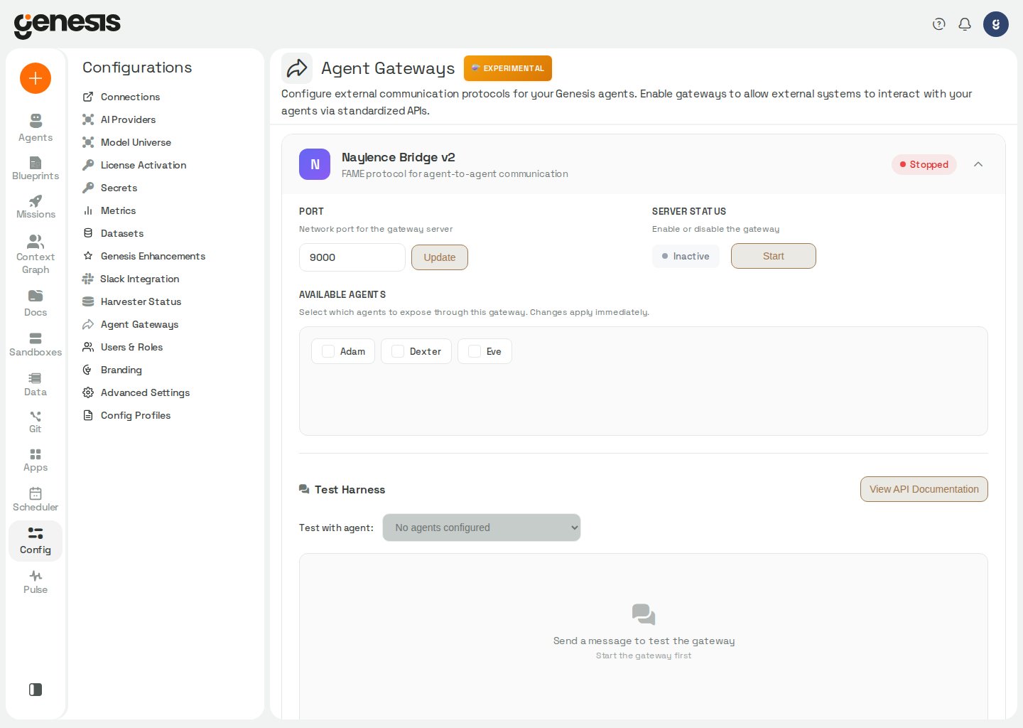 Actual Genesis Agent Gateways page from an instance with the feature enabled.