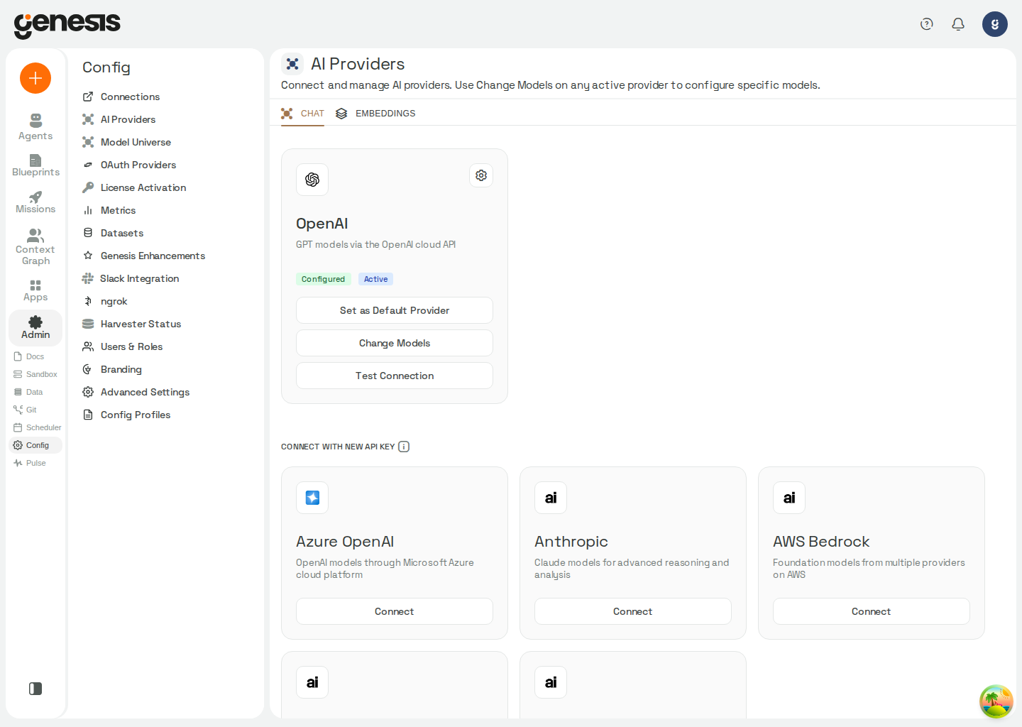 Actual Genesis AI Providers page showing configured and available chat model providers.