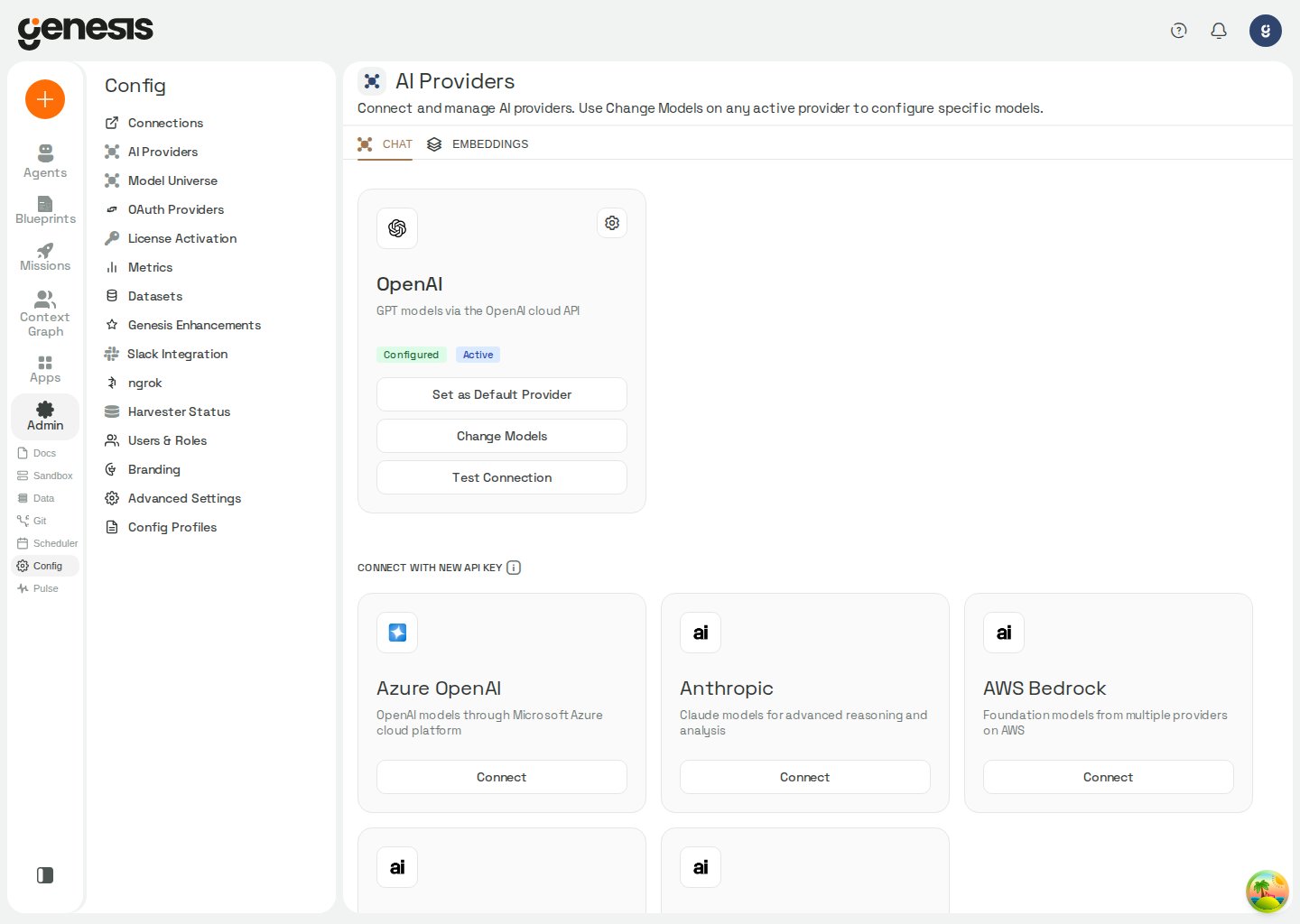 Actual Genesis AI Providers page showing configured and available chat model providers.
