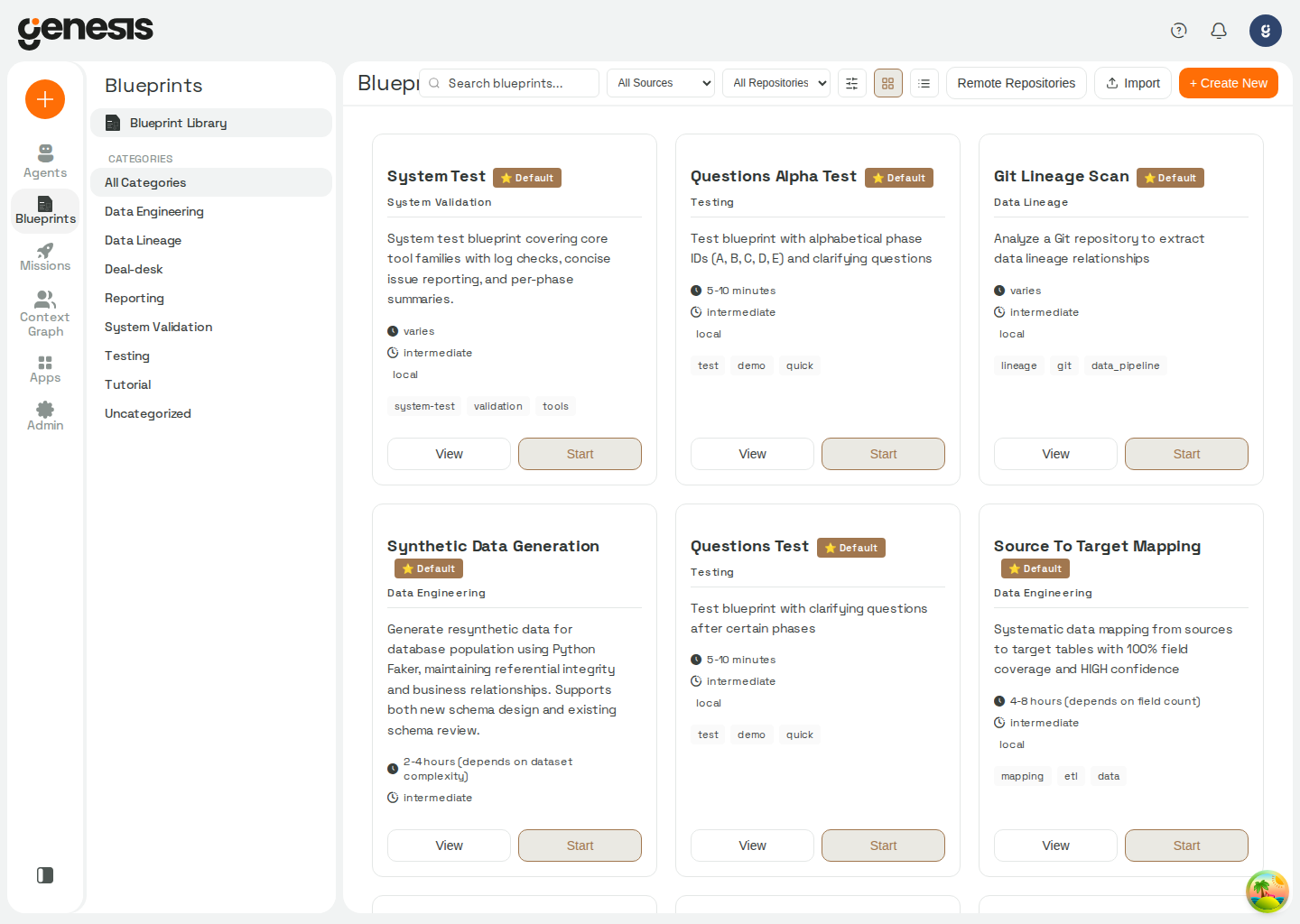 Actual Genesis Blueprint Library showing reusable blueprint cards and filtering controls.