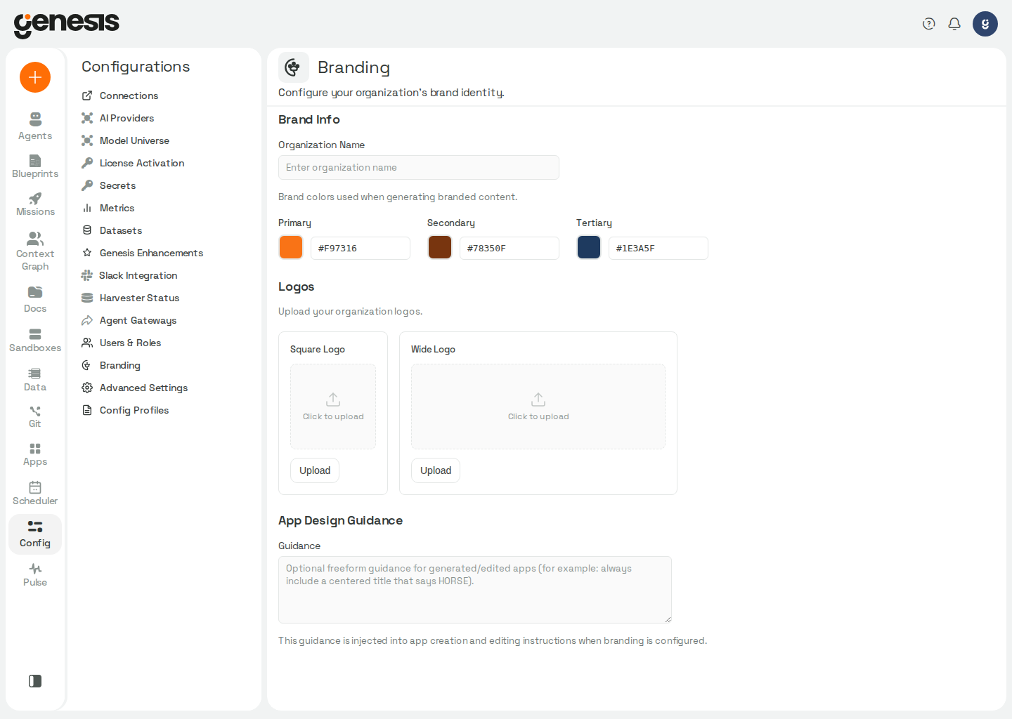 Actual Genesis Branding page showing brand colors, logo upload areas, and app design guidance.