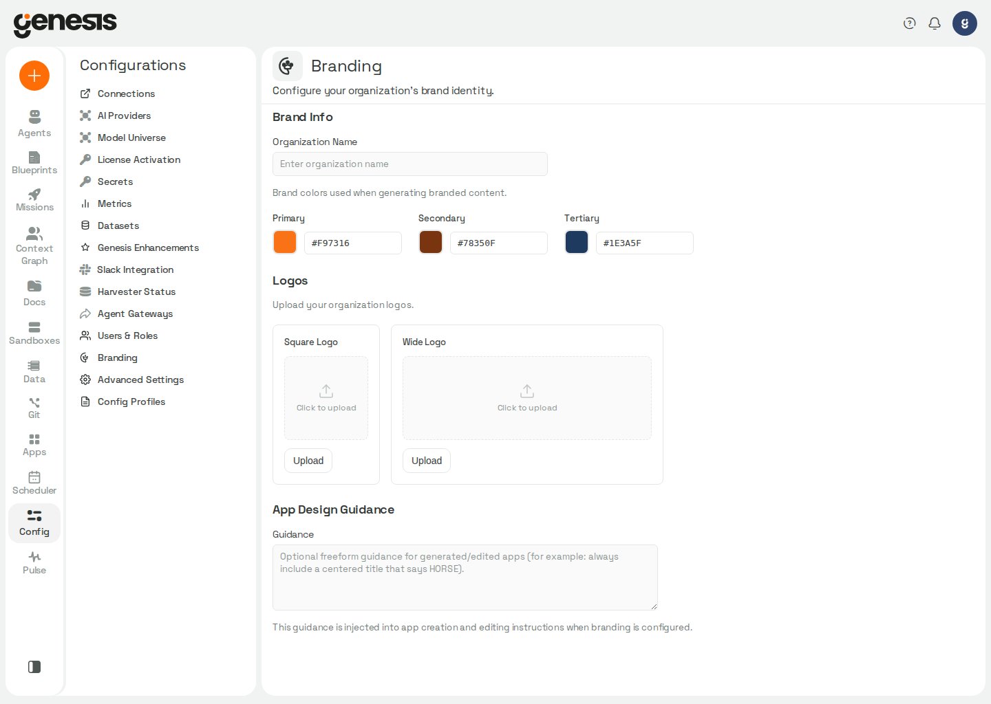Actual Genesis Branding page showing brand colors, logo upload areas, and app design guidance.