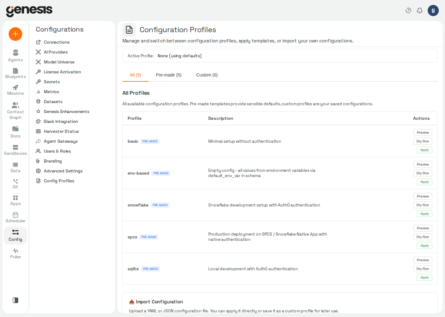 Actual Genesis Configuration Profiles page showing premade profiles and import options.