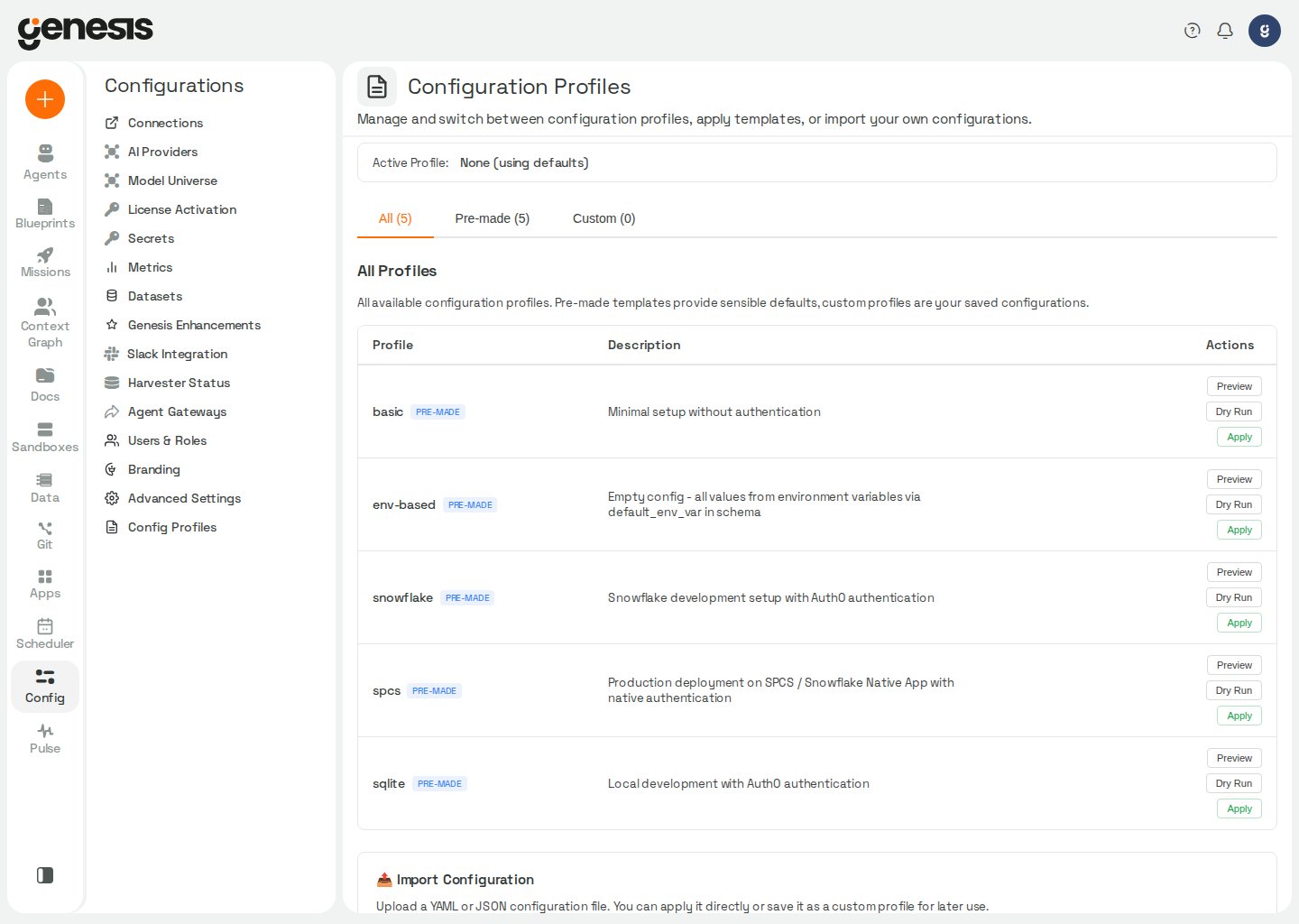 Actual Genesis Configuration Profiles page showing premade profiles and import options.