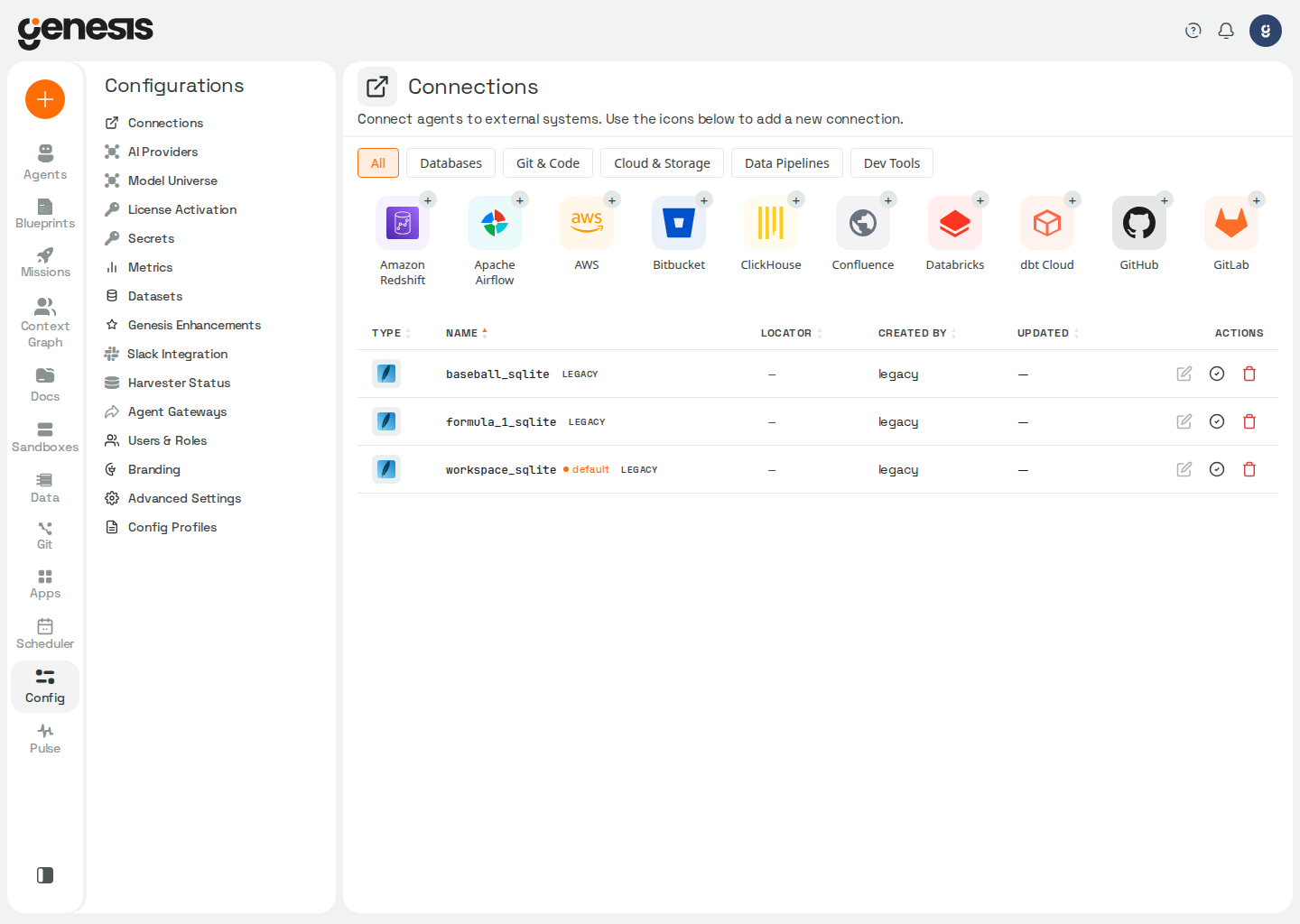 Genesis Connections page with header search, saved-connection rows, and the New connection provider modal.