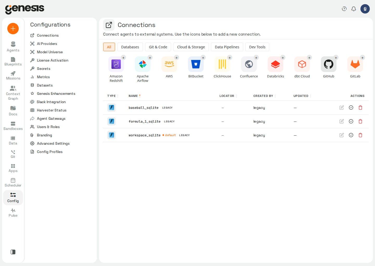 Genesis Connections page with header search, saved-connection rows, and the New connection provider modal.