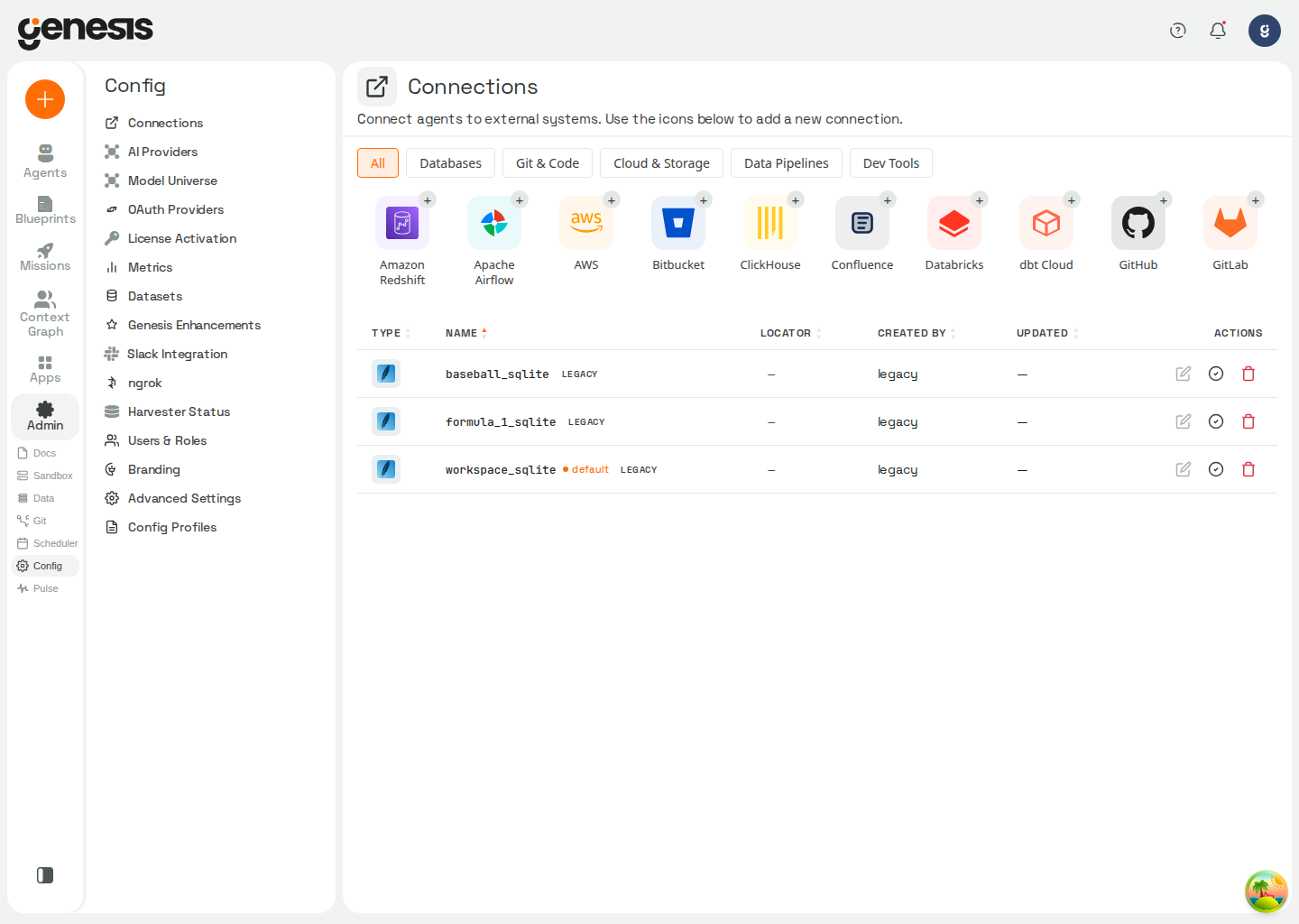Actual Genesis Connections page showing Confluence as an available connector tile.