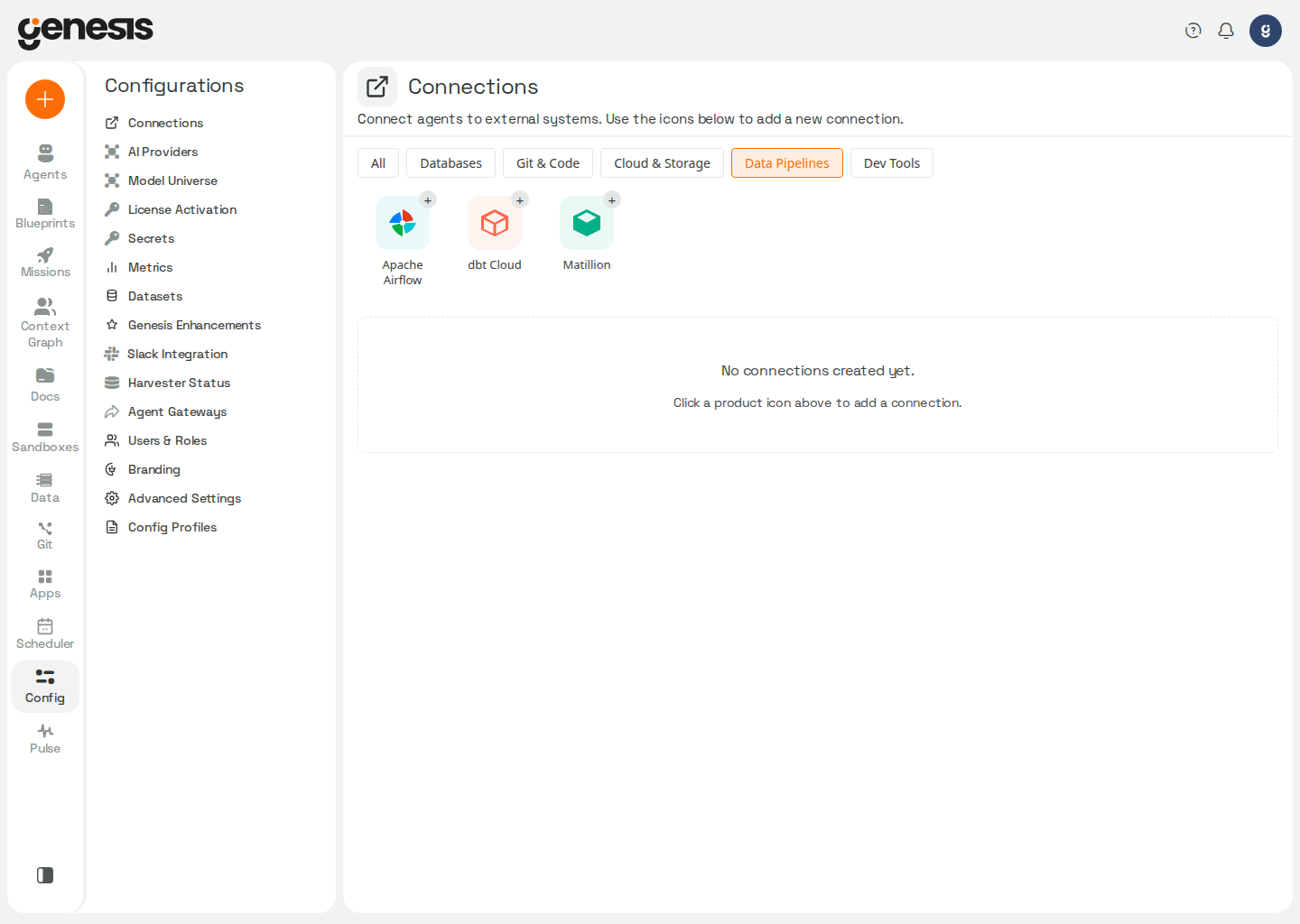 Actual Genesis Connections page filtered to Data Pipelines, showing the Matillion connector option.