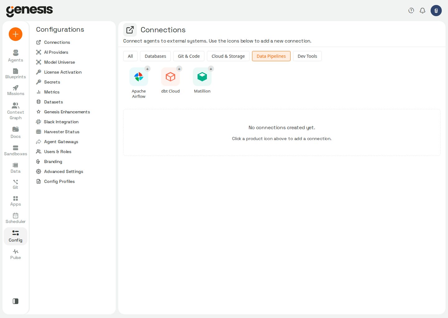 Actual Genesis Connections page filtered to Data Pipelines, showing the Matillion connector option.