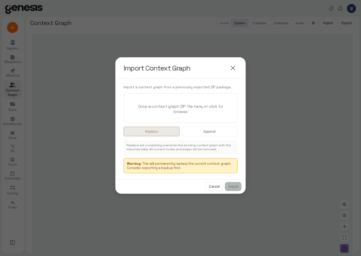 Actual Genesis Context Graph import dialog from the Digital Twin page.