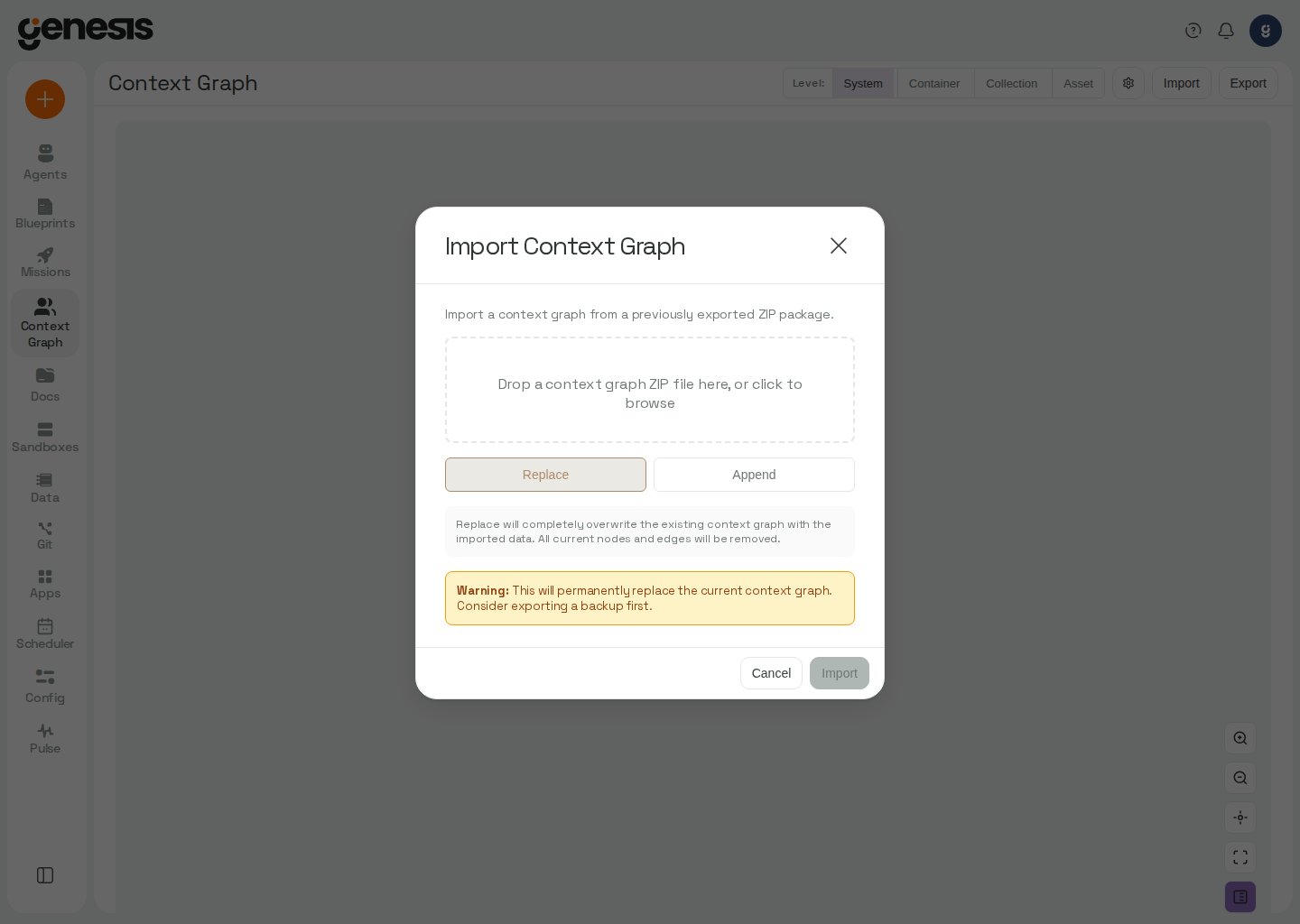 Actual Genesis Context Graph import dialog from the Digital Twin page.