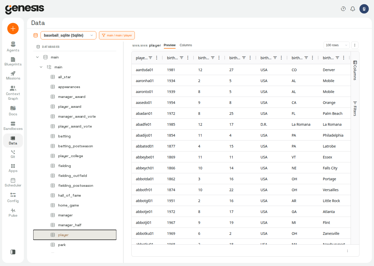 Actual Genesis Data Explorer showing the baseball demo database and a populated player table preview.