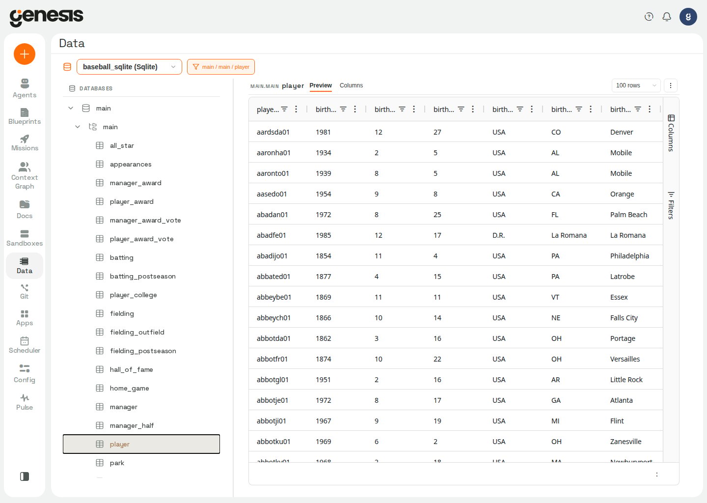 Actual Genesis Data Explorer showing the baseball demo database and a populated player table preview.