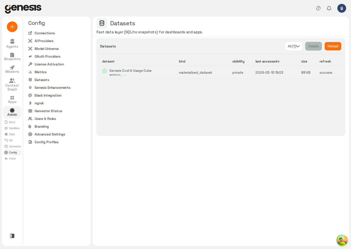 Actual Genesis Datasets page showing dataset records and refresh status.