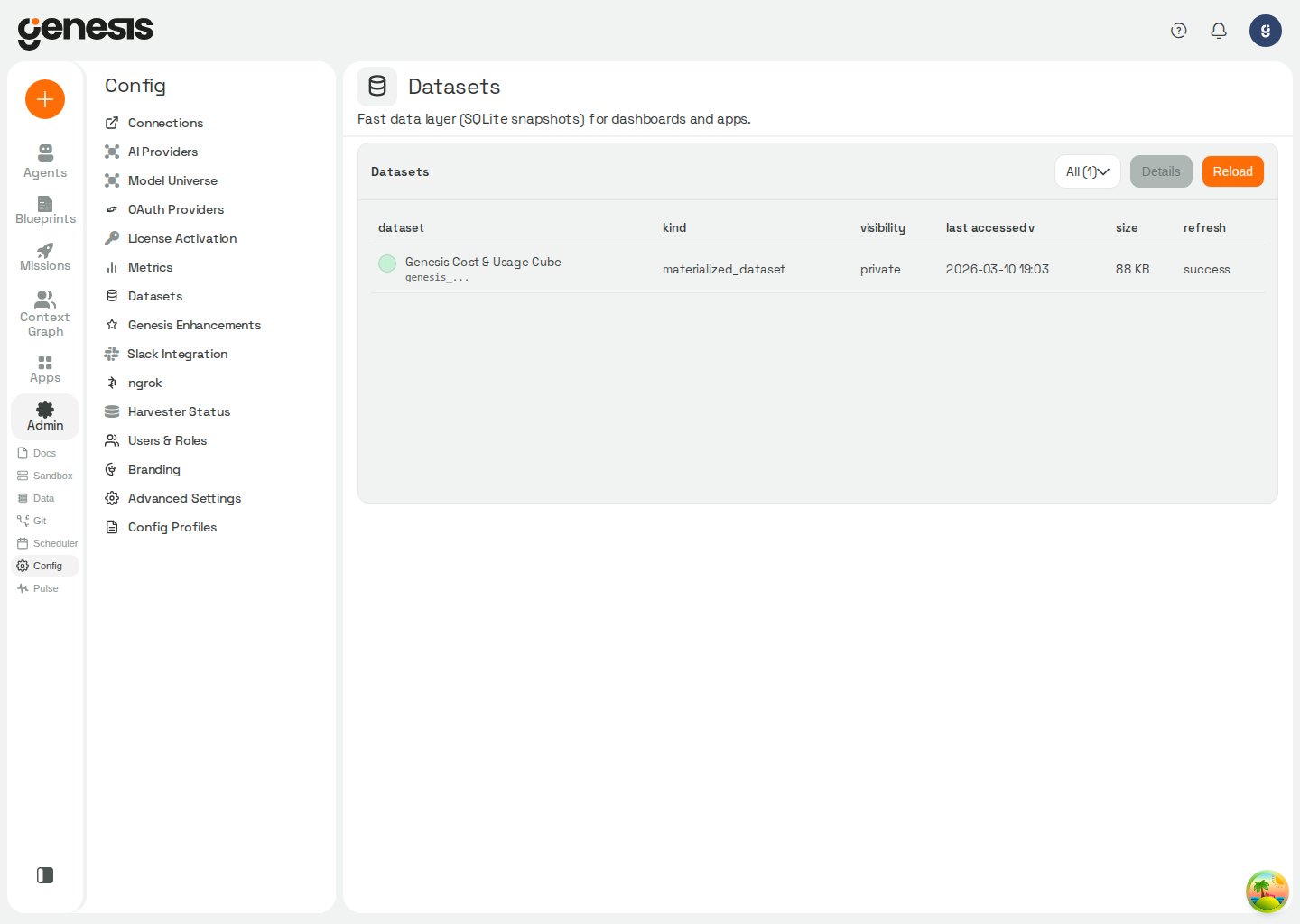 Actual Genesis Datasets page showing dataset records and refresh status.