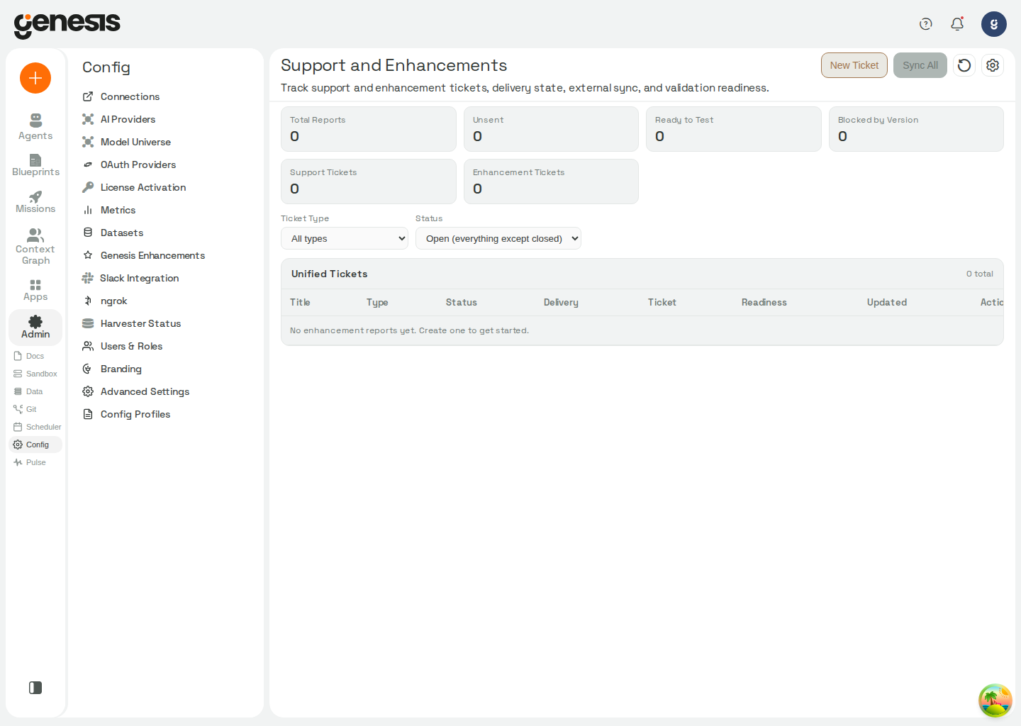Actual Genesis Support and Enhancements page showing summary metrics, filters, and the unified ticket table.