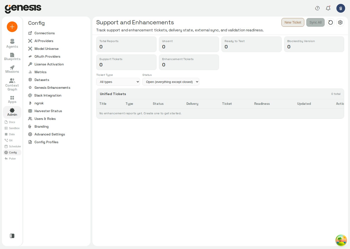 Actual Genesis Support and Enhancements page showing summary metrics, filters, and the unified ticket table.